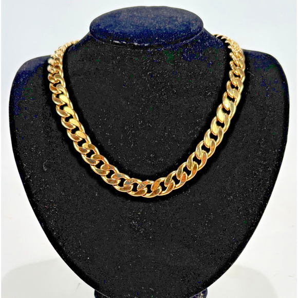 Vintage Chunky Chain Bib Collar Necklace Shiny Gold Tone Link Heavy 18" 80s 1980 - Picture 1 of 9